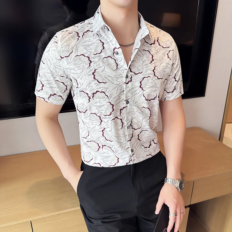 Summer New Printed Short-sleeved Shirt Men's Non-ironing Slim-fitting Men's Half-sleeved Top Shirt