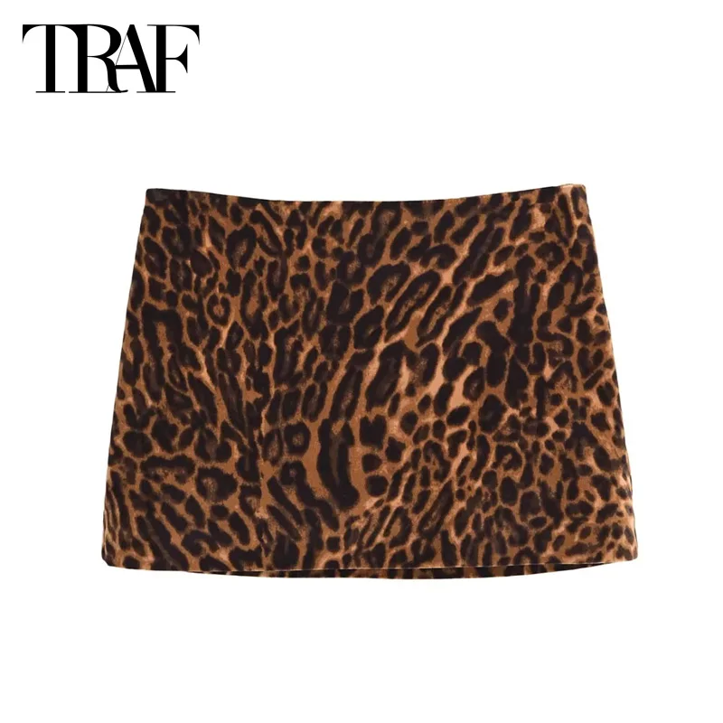 TRAF Leopard Mini Skirts 2024 Autumn Women\'s Elegant Party Printed Short Skirts Ladies Fashion Casual Mid Waist Zip Skirts