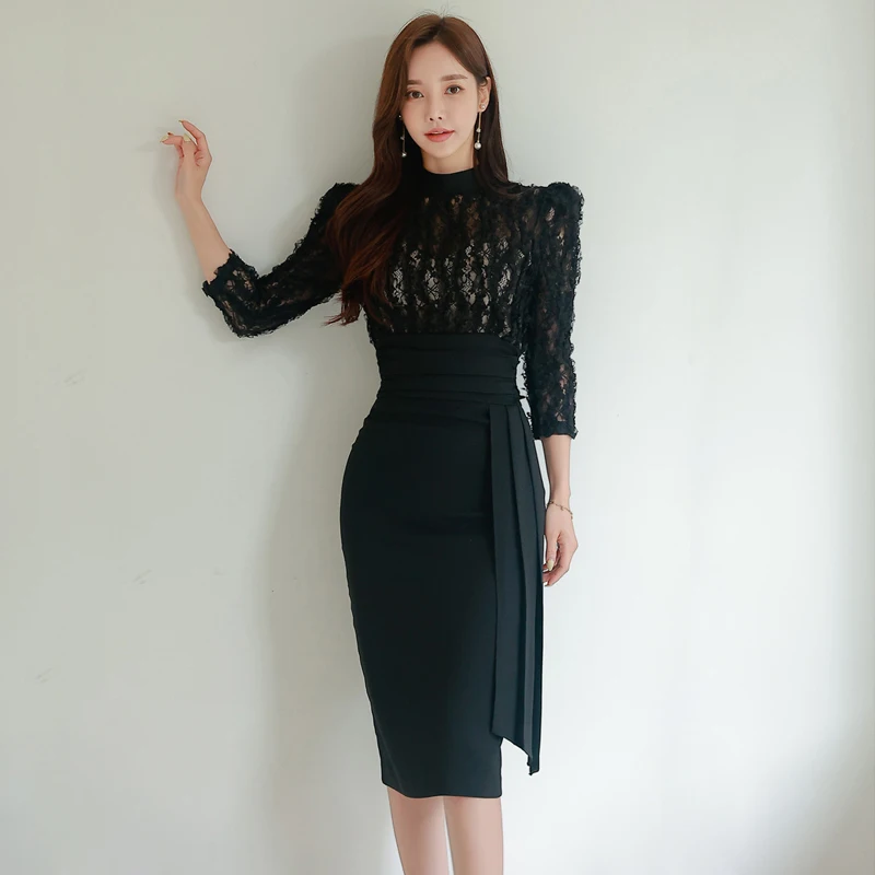 Korean Style Mid-Length Lace Panelled Slim Fit Wrap Waist Split Dress Belted Spring Autumn Fashion Elegant Lady Dress