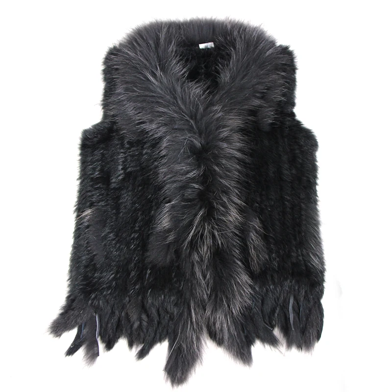 high quality Hot Sale Retail/wholesale Raccoon Dog Fur Collar Trim Women Knitted Natural Rabbit Fur Vest Gilet/waistcoat