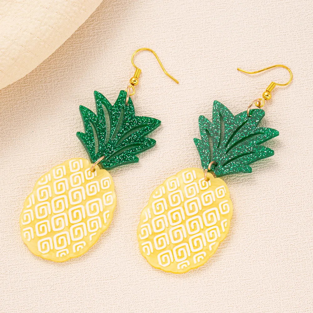 Cute Acrylic Pineapple Drop Earrings Yellow Curved Ripple Fruit Pineapple Dangle Earrings for Women Summer Vacation Jewelry Gift