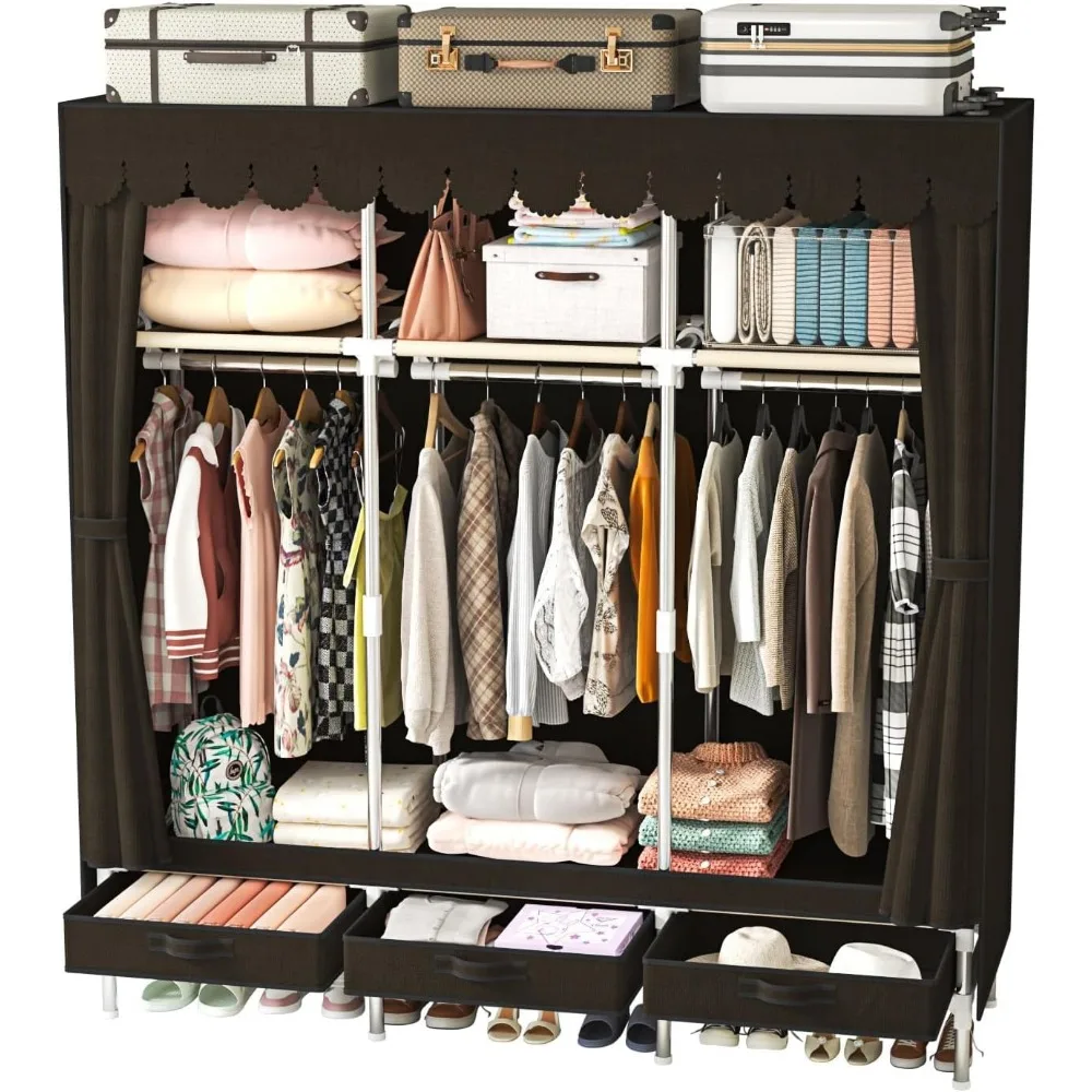 Nonwoven Closet Wardrobe with Metal Clothes Rack, Large Storage, 3 Hanging Rods, 3 Drawers, 3 Shelves, Ideal for Small Spaces