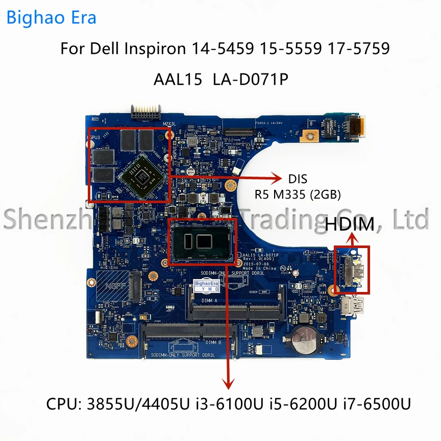 Imagem -01 - para Dell Inspiron 5459 17 155559-5759 Laptop Motherboard w i3 i5 Cpu r5 I76500u M335 2gb-gpu Cn0f1j0w 0yvt1c Aal15 La-d071p