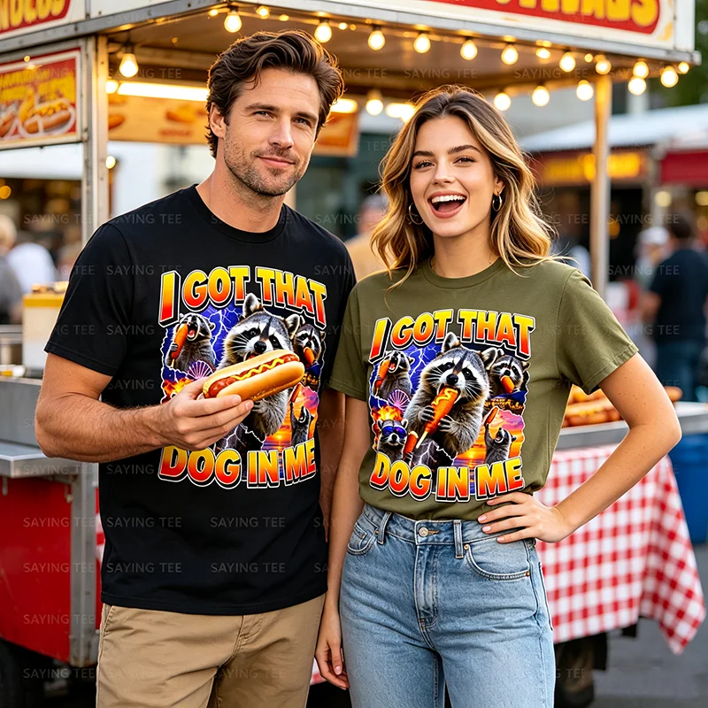 Ich habe diesen Hund in mir, ein Waschbär frisst einen Corn Dog, Bootleg, Vaterwitz, T-Shirt, Y2k, Food Art, Hotdog-Liebhaber, Grafikbekleidung, Damen, Herren, Neuheit – Detail 3