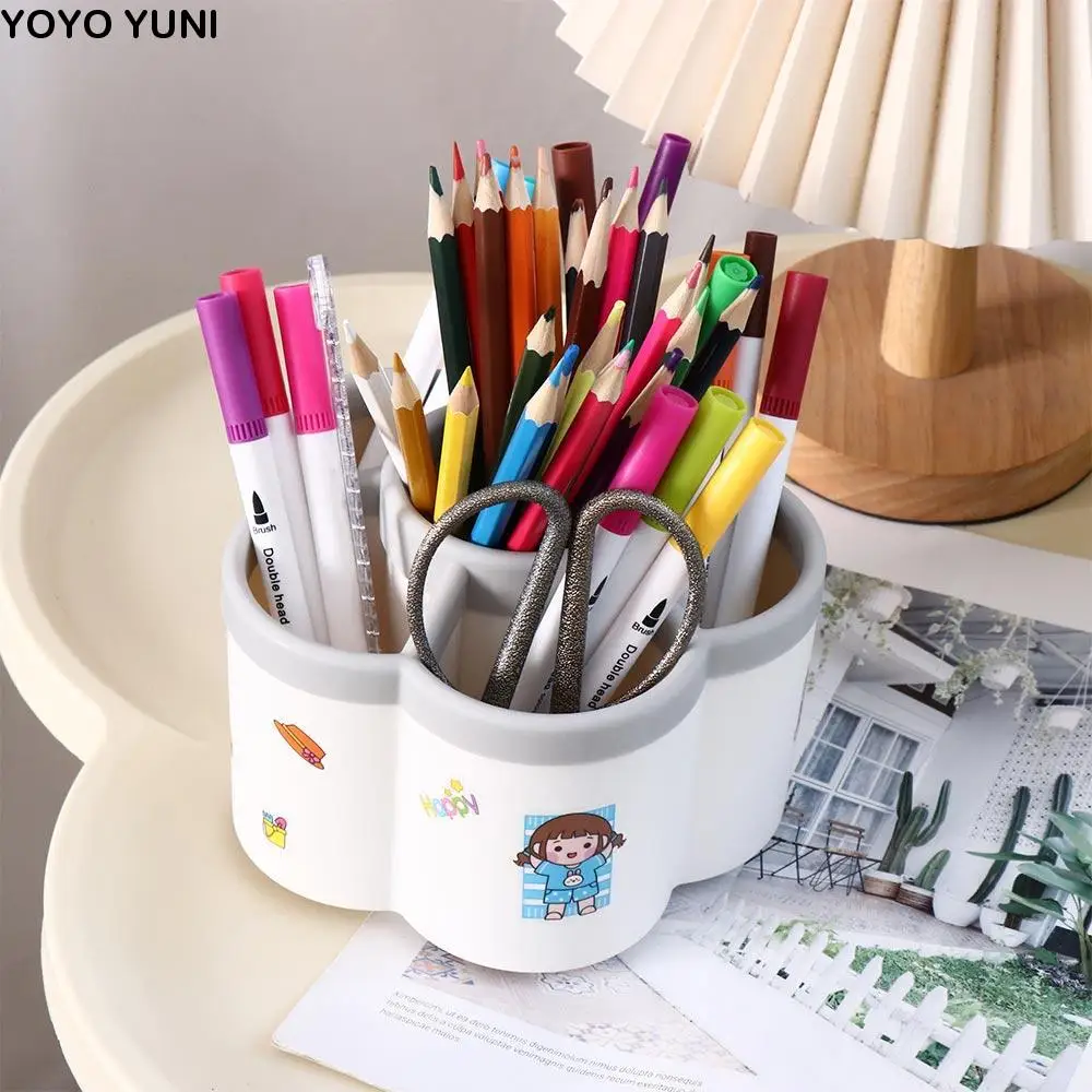 

360° Rotating Petal-shaped Pen Holder with Cartoon Sticker Dust-proof Pencil Organizer Waterproof Large-capacity
