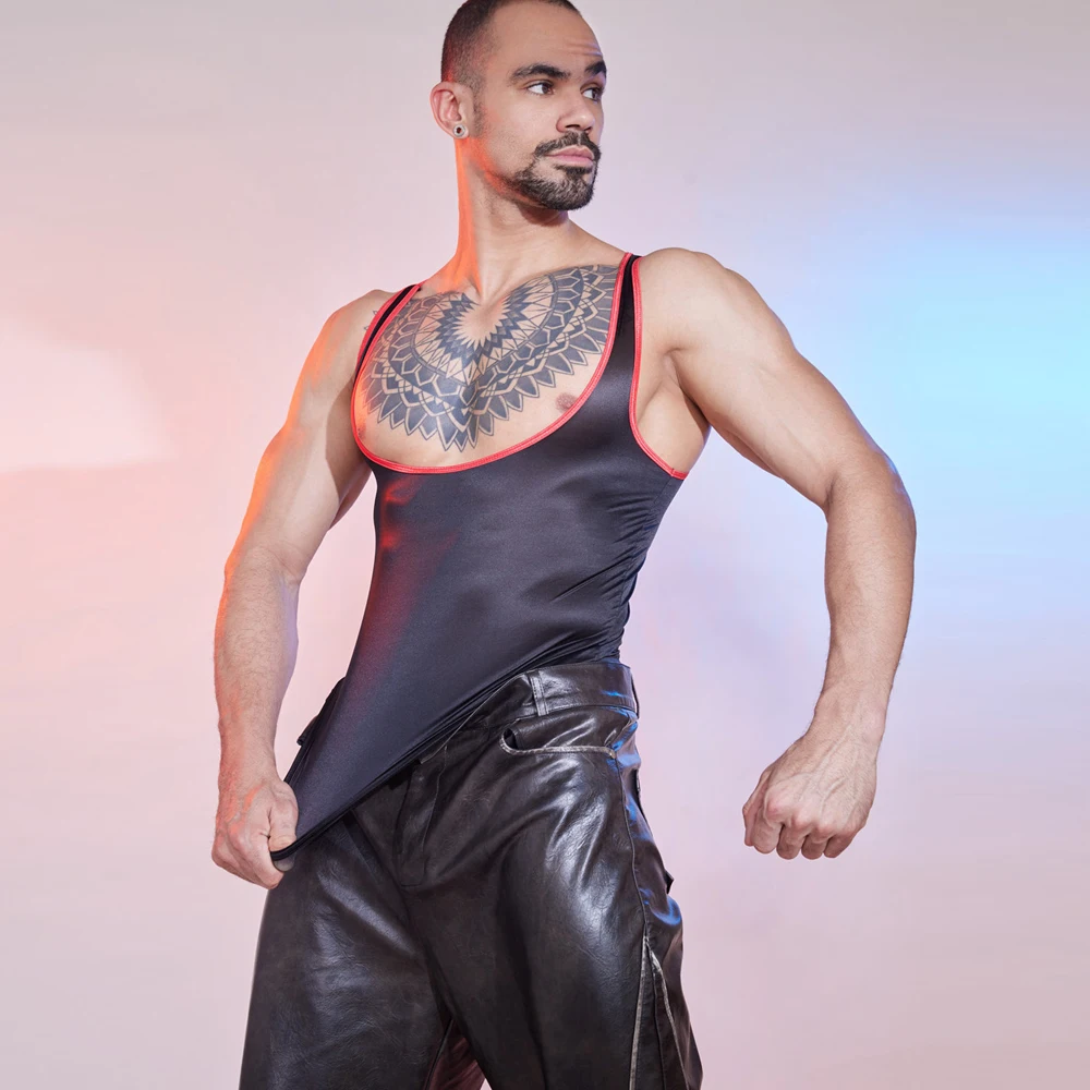 Sexy Men Big U Neck Thin Tank Tops Shaper Wear Strap Vest Sheer See Through Fashion Top Elastic Breathable Sleeveless Shirt