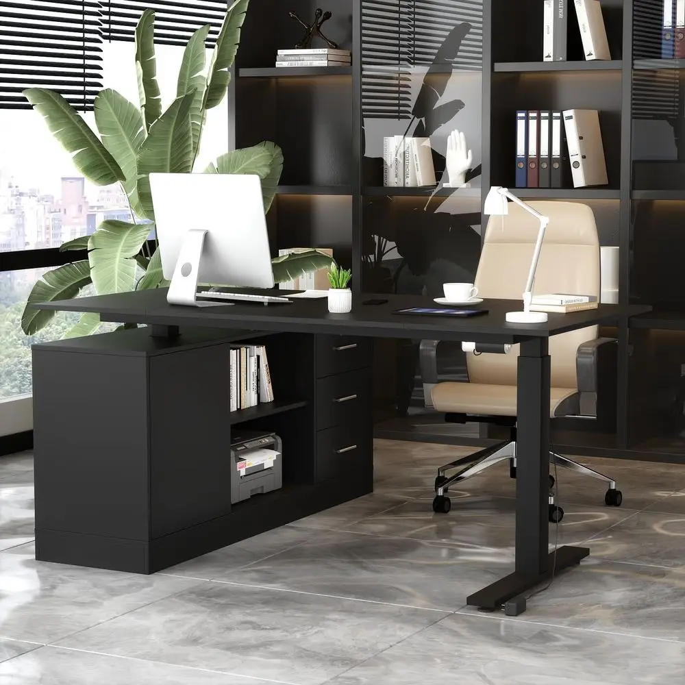 

63W Electric L-Shaped Desk, Adjustable Height Sit-Stand with Storage, Reversible, Black