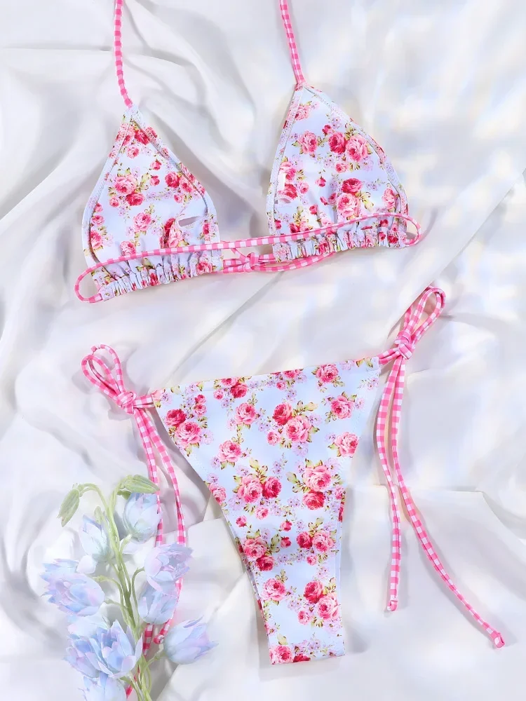 플로럴 비키니 핑크 수영복 리본 수영복 여성 로우 웨이스트 수영복 2025 여름 비키니 붕대 비치웨어 섹시