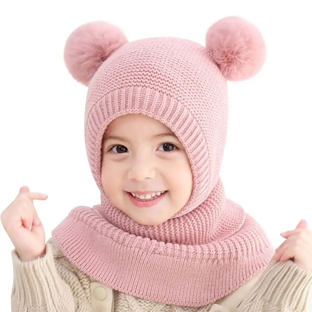 Breathable Warm Hats Two Ball Ear Protection Caps Autumn and Winter Baby Knitted Hat Windproof Head Full Face Neck Cover