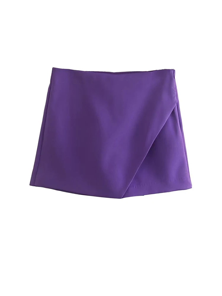 Women Fashion Asymmetrical Shorts Skirts High Waist Back Pockets Side Zipper Vintage Female  Solid