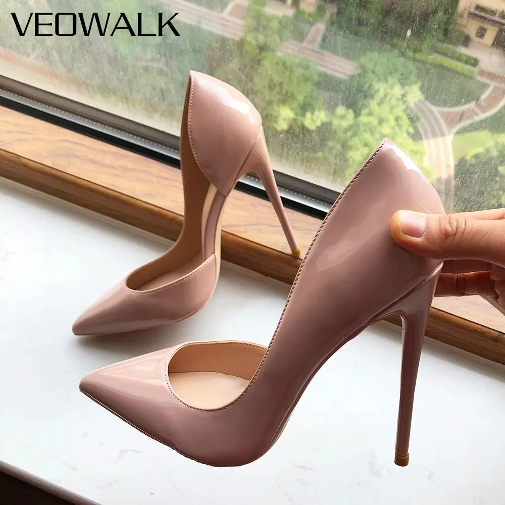 Veowalk 12 cm 10 cm schlanke dünne High Heel Damen Nude Patent D'Orsay spitze Zehen Stiletto Pumps elegante Hochzeit, Braut, Party, Büro