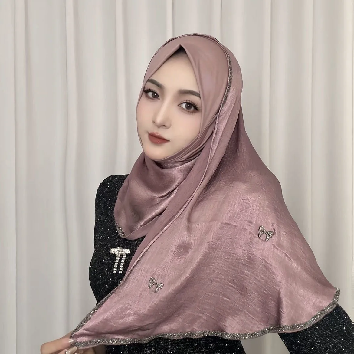 

Элегантный атласный шарф из розового золота, женский мусульманский платок, женский шарф, исламский платок, для вечеринок и повседневной носки