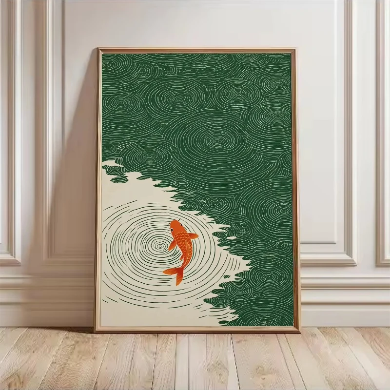 Retro Japanese Forest Koi Fish Zen Water Painting Canvas Poster Cat Under Willow Tree Wall Art Printing for Peaceful Home Decor