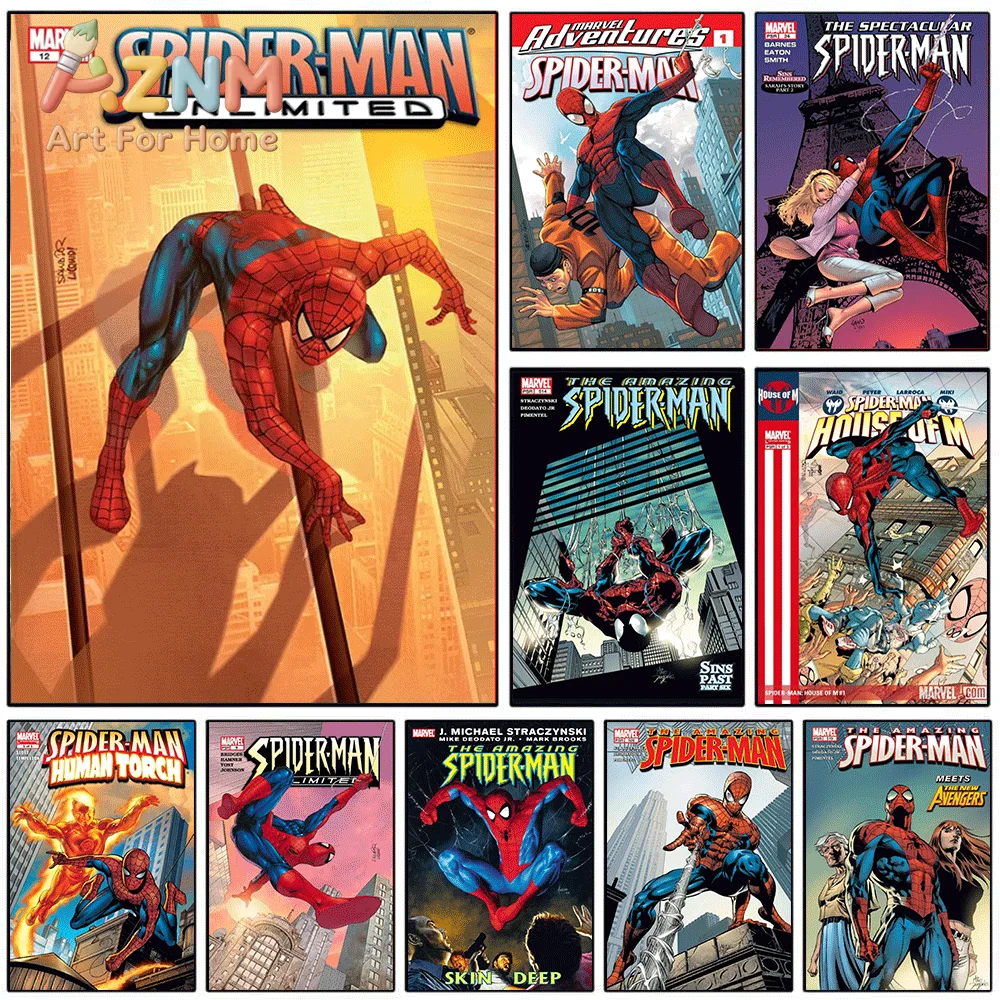Spider‑Man Unlimited Comic Canvas Print, Classic Superhero Cover Graphic Art Poster, Frameless Canvas Wall Picture for Man Cav