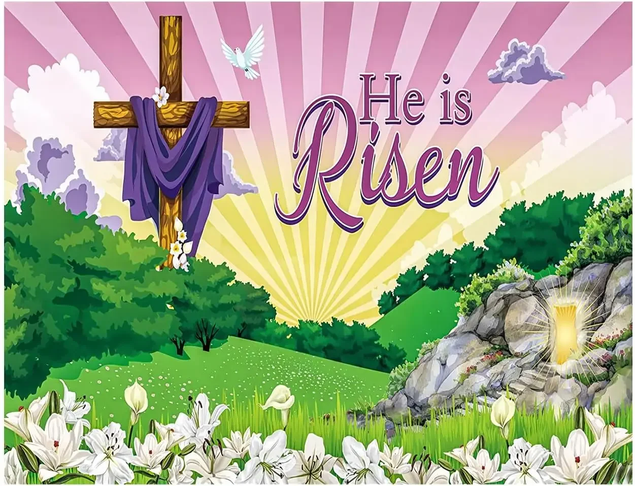 

Spring Happy Easter He is Risen Resurrection at sunrise empty tomb Religious photo background photography backdrop studio