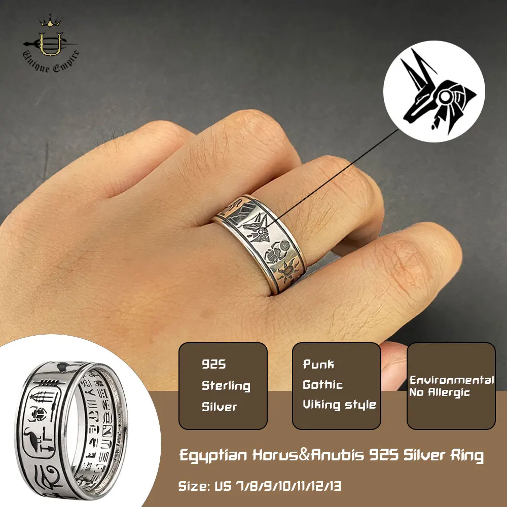 

925 Sterling Silver Egyptian Totem Ring Eye of Horus And Anubis Men's Ring Hiphop Rock Anniversary Gift Jewelry