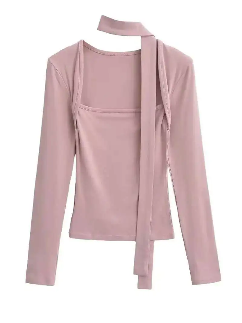 2024 Autunno/inverno New Sexy Spicy Girl Sciarpa a maniche lunghe Lace Up Pullover Vita stretta da donna Tinta unita Slim Top 16VJ