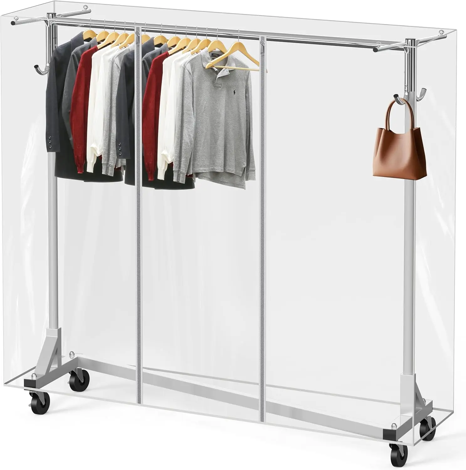 

Industrial Garment Rack with Clear Cover, 500lb Capacity and 62" Bar for Heavy-Duty Use