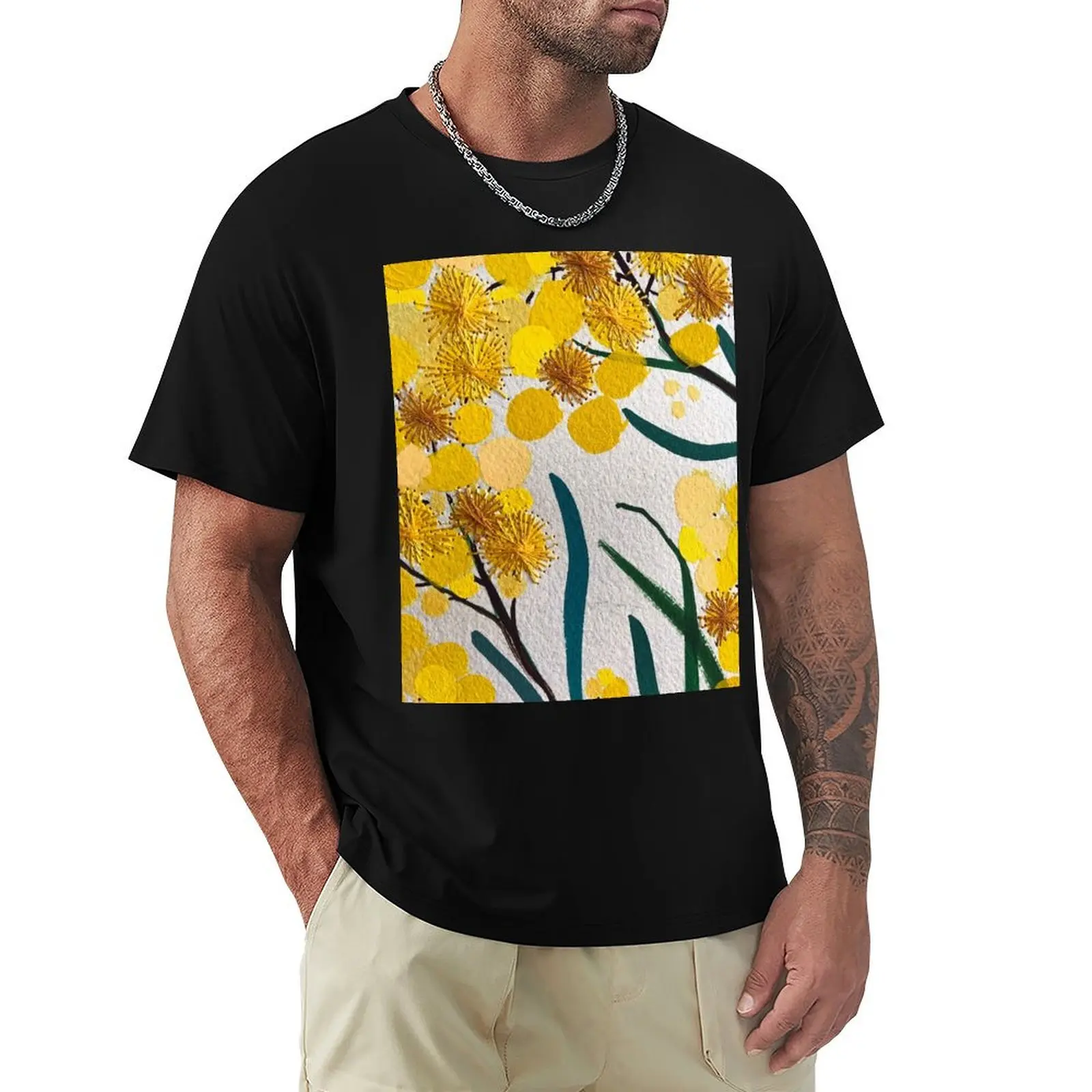 Golden Wattle Flowers by Australian Artist Leah Gay T-Shirt Summer Sports Quick Dry T-Shirt