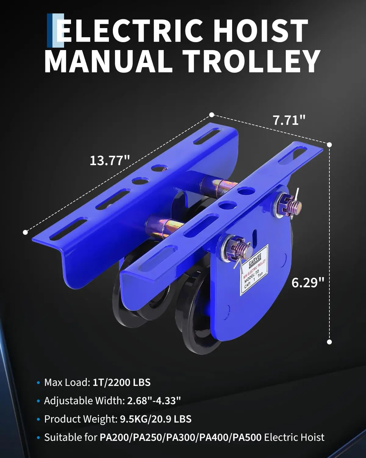 Tacleekii Electric Hoist Trolley for Warehouse Garage Factory Construction 1 Ton (2200 lb) Adjustable I-Beam Trolley for Electric Hoist - 2.68–4.33 in Flange Width - Alloy Steel Double-Wheel Beam Trolley