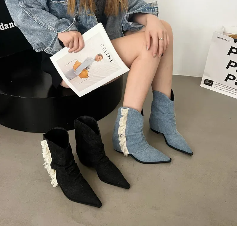 

Fringed Denim Cowboy Boots Pleated Pointed Toe Chunky Heel Western Botines Low-Cut Slip-On Trouser Botas Femininas Women Shoes