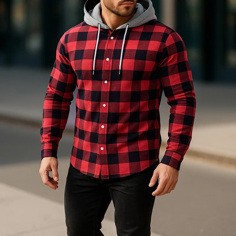Men's Long-sleeve Plaid Hooded Shirts for Spring and Fall, Available in Red, Green, Yellow, Blue, and Gray.