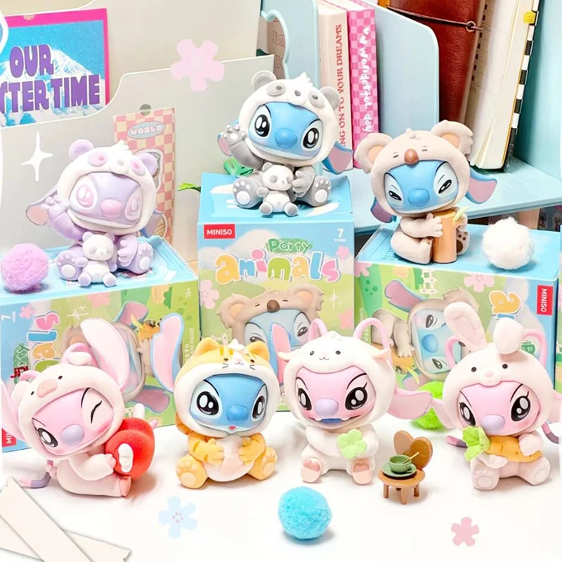 MINISO-Stitch Animal Party Series Blind Box, Action Figure, Decoração de Mesa Kawaii, Surpresa de Aniversário, Caixa Misteriosa, Presente Modelo Toy