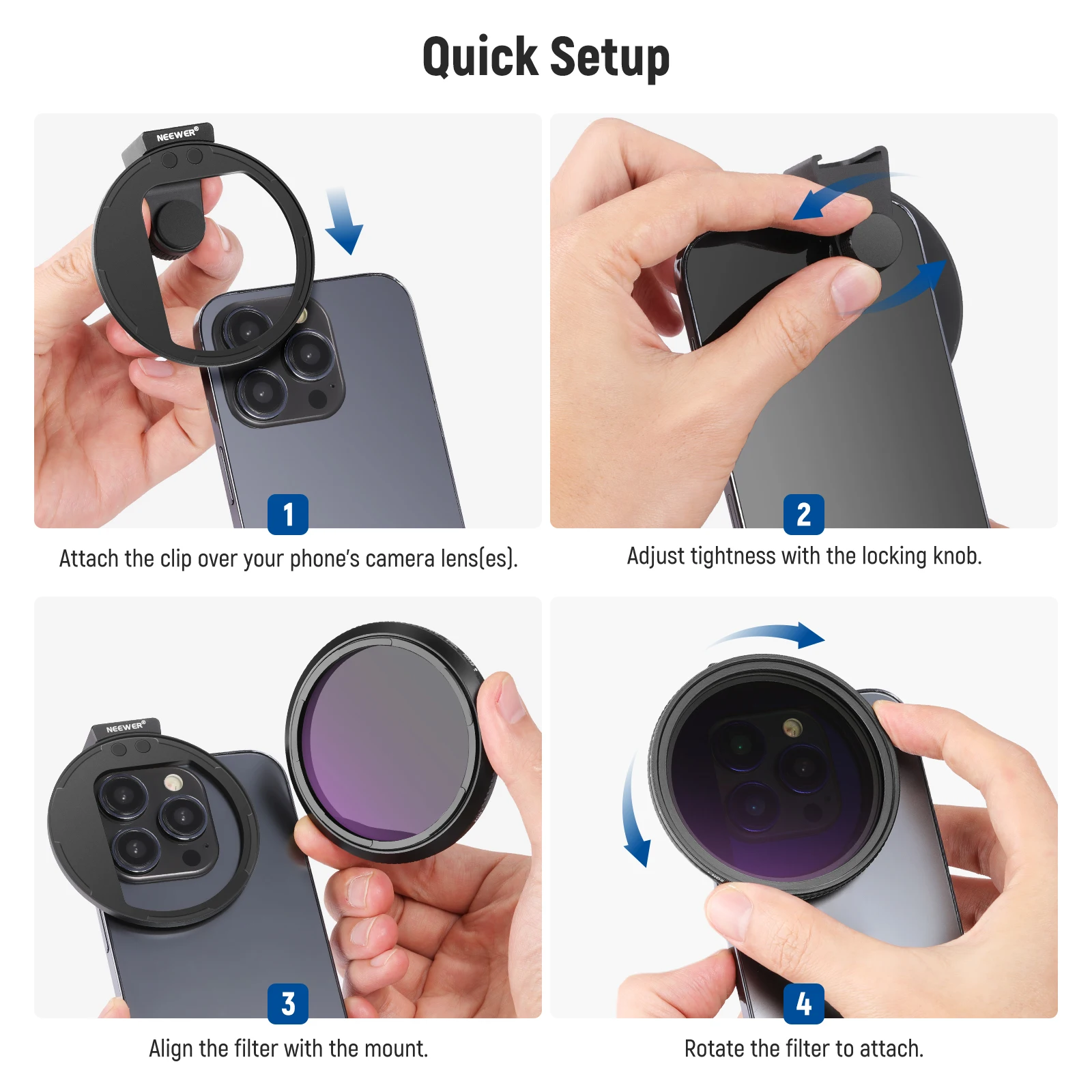 NEEWER Clip On 67mm ND2-32 Magnetic Phone Lens Filter Kit Phone Clip with Magnetic/Threaded Adapter Ring for iPhone 15 Pro Max