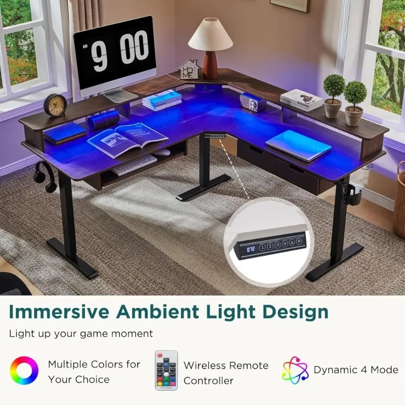 

L-образный электрический стоячий стол, 60-дюймовый угловой стол с регулируемой высотой двигателя и светодиодной подсветкой, большой домашний офис