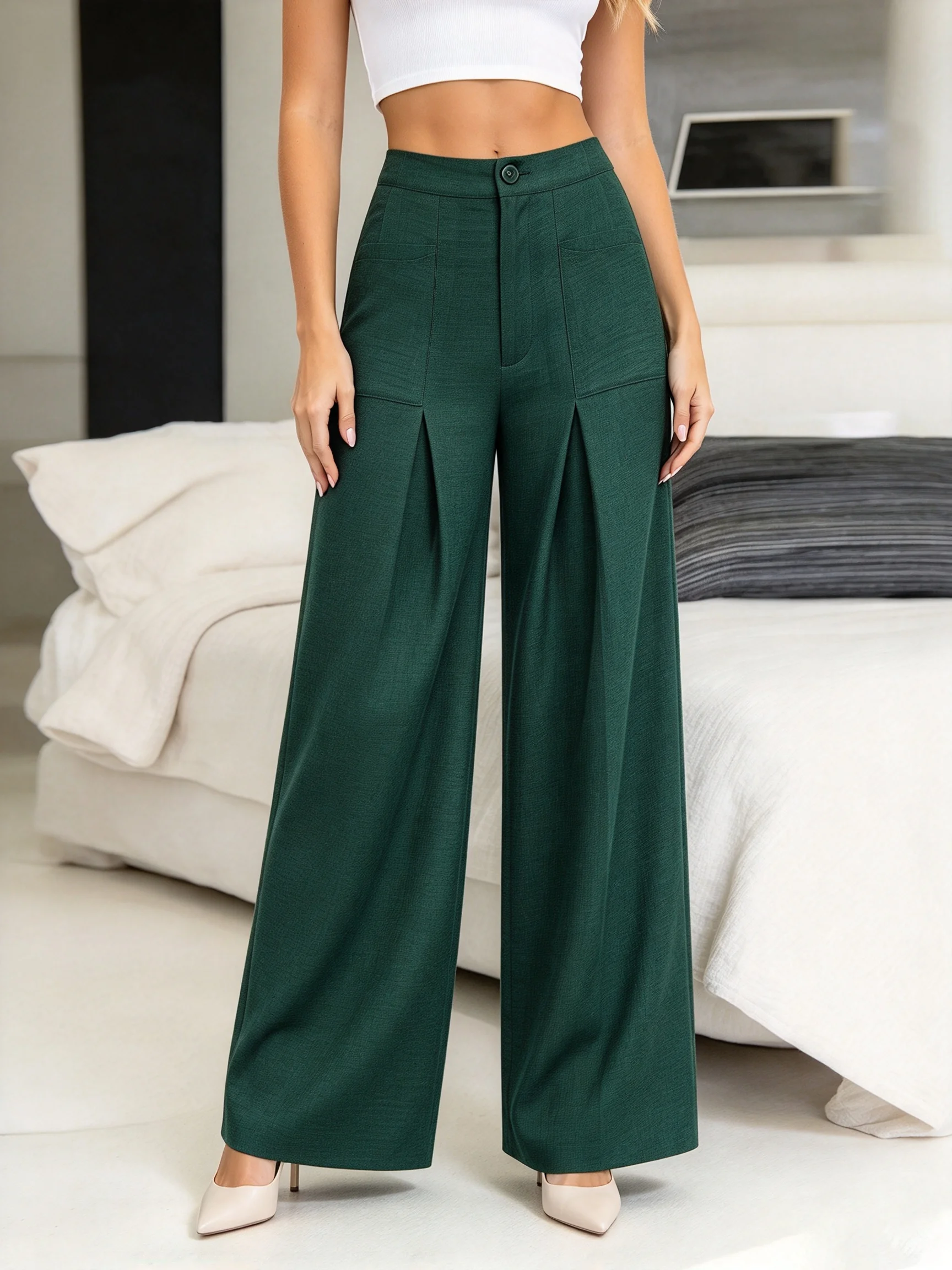Women Wide Leg Pants High Waisted Button Closure Front Pleated Flowy Trousers Elegant Office Work Casual Daily Outfits