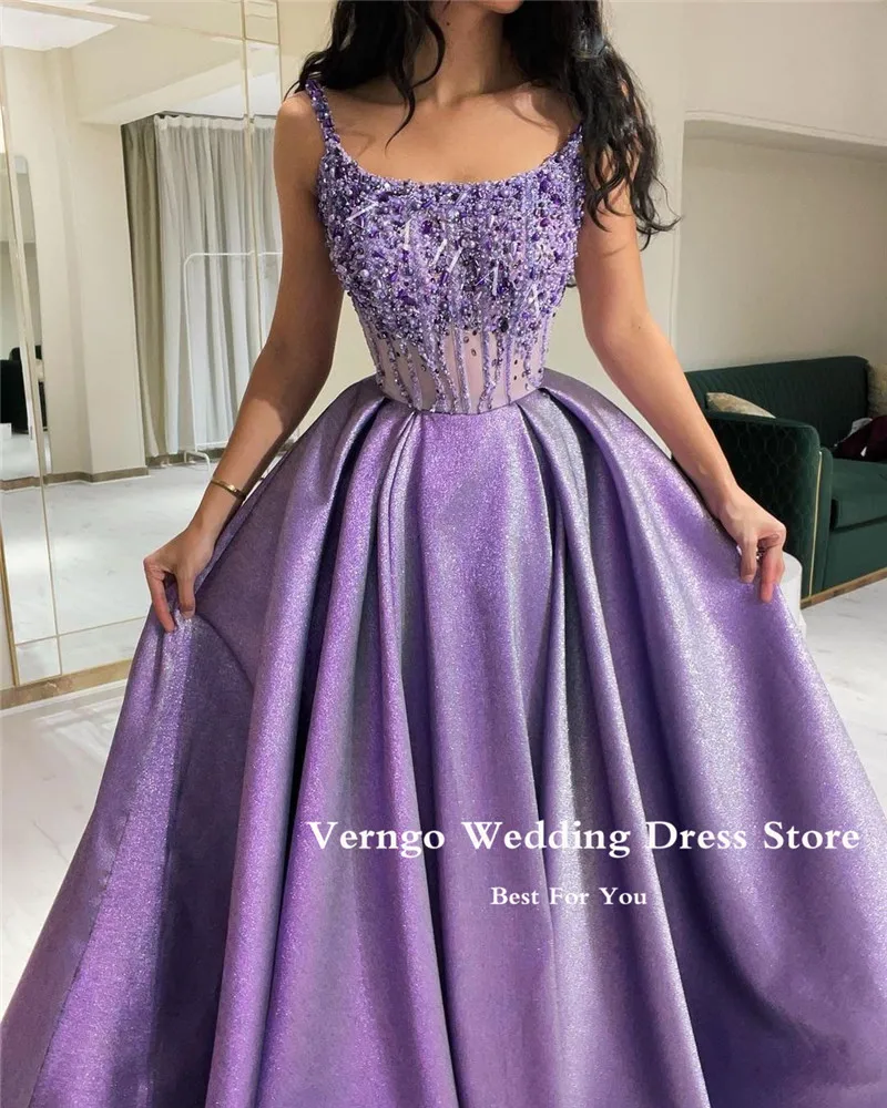 Verngo Shiny Purple Arabic Women Evening Dresses Spaghetti Straps Pearls Shiny Dubai Luxury Prom Gowns Formal Party Dress