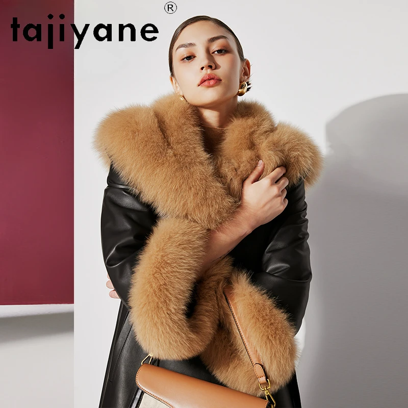 

Tajiyane Top Quality Real Sheepskin Leather Down Jacket Women Winter White Goose Down Coats Luxury Fox Fur Collar Long Parkas