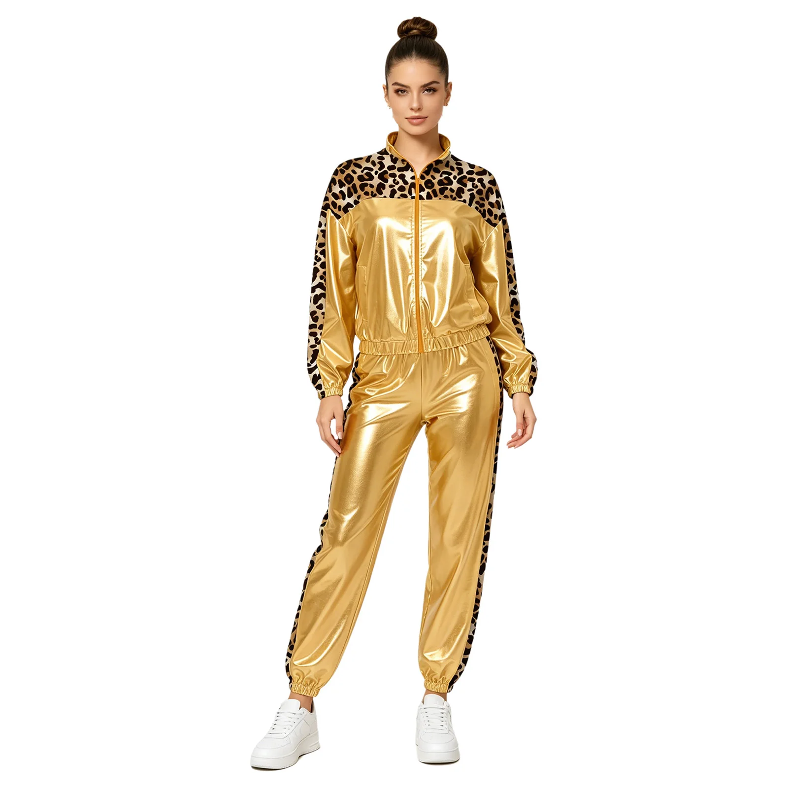 Damen Metallic Glänzendes Disco Hip-Hop Kostüm 80er Jahre Jazz-Tanz-Outfit Langarm-Jacke mit Frontreißverschluss und Jogginghose – Detail 15