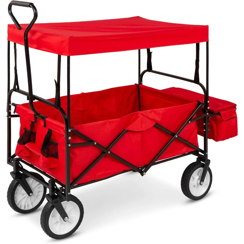 

Collapsible Folding Outdoor Utility Wagon with Canopy Garden Cart for Beach, Picnic, Camping, Tailgates w/Removable Canopy, Det