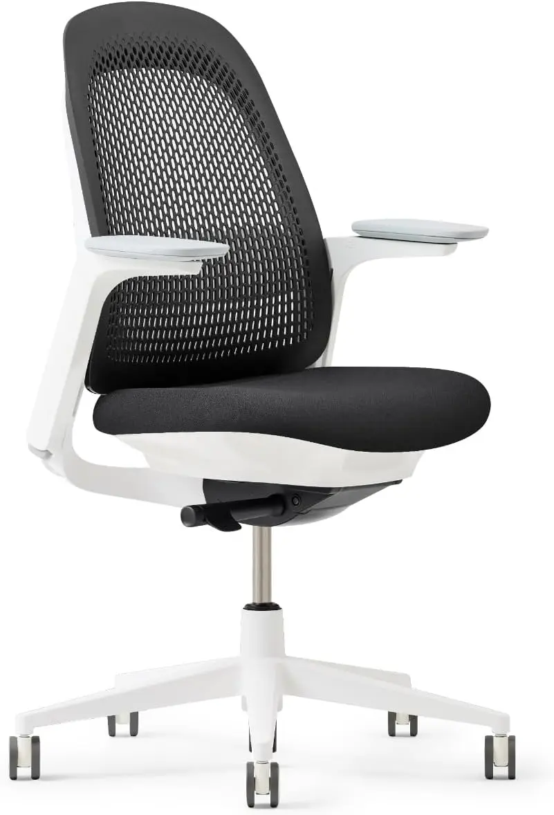 Ergonomic Desk Seat with Height-Adjustable Lumbar Support, White Trim, Duo-Tone Hard Casters,and 4D-Arms (Coal)