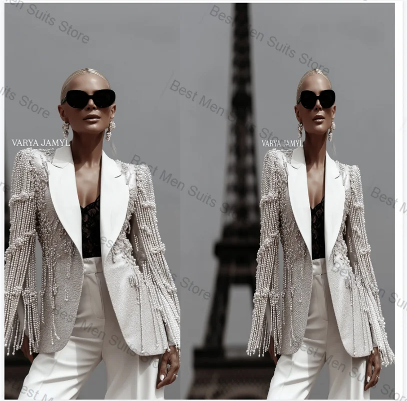 

Silver Grey Women Suit 1 Pcs Blazer Luxury Pearls Formal Office Jacket Customized Wedding Tuxedos Cotton Coat