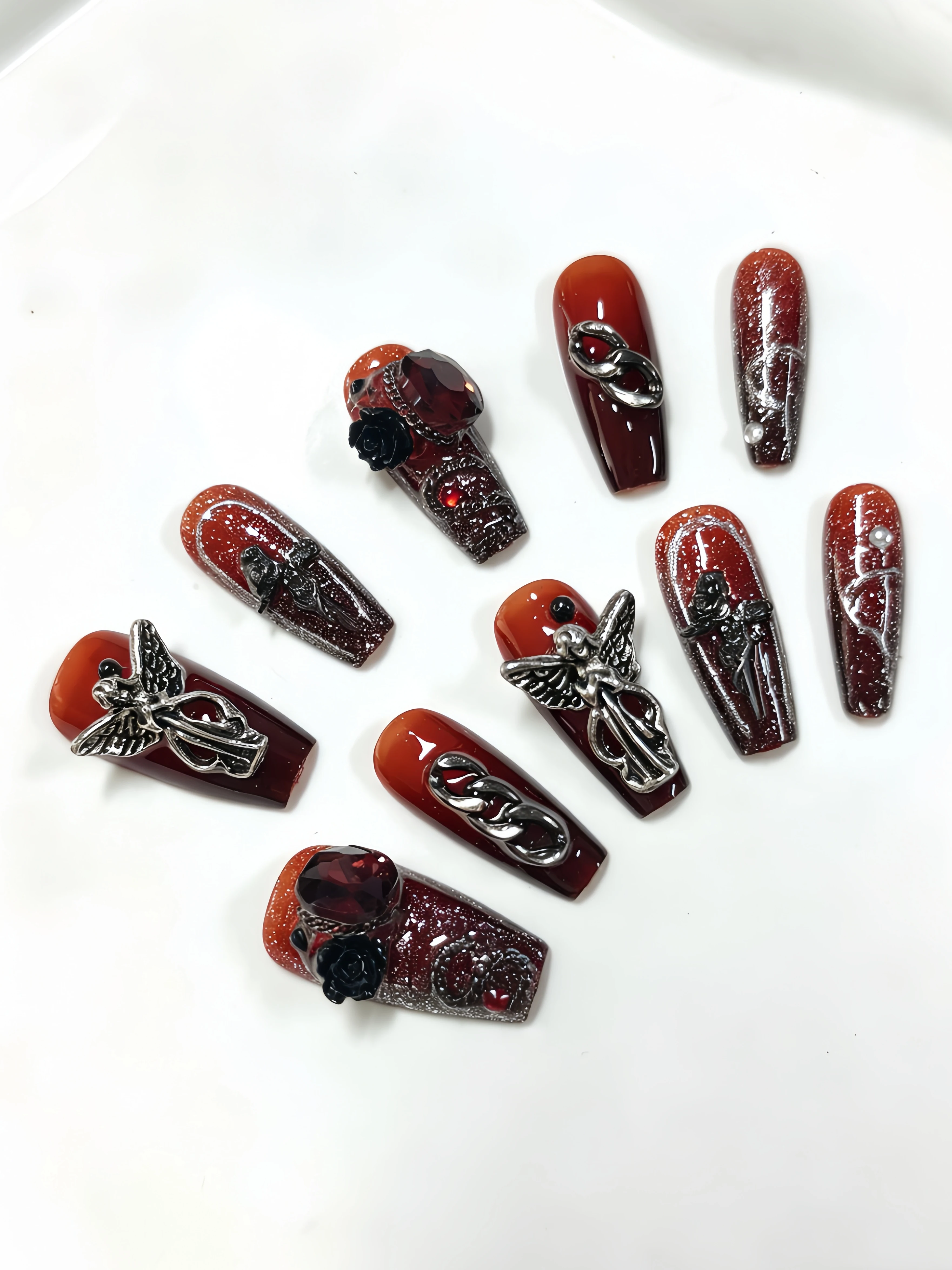 10 Medium-Sized Trapezoidal Press-On Nails, Red Silver Glitter Gradient Cat-Eye Nail Art, Paired with Red Rhinestone 3D Camellia Embossed Silver and Black Angel Cross Pearl Chain Y2K Gothic Nail Stickers, Suitable for Daily Wear, Bar Outings, Dates, Photoshoots, Girls' Gatherings, Afternoon Tea, Lifestyle Activities, Punk Style Fake Nails, Korean Ins-Style Fake Nails, Includes One Jelly Glue and One Nail File view 4