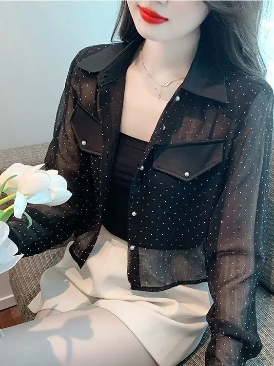 Summer New Fashion Thin Chiffon Shirt Women's Loose Semi-Transparent Short Design Sense Heat Sensation UV Protection  Collar