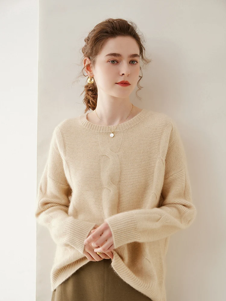 

Women's Cashmere Sweater For Winter O-neck Thick Twist Flower Vintage Style 100% Cashmere Knitwear Korean Popular Clothes Tops