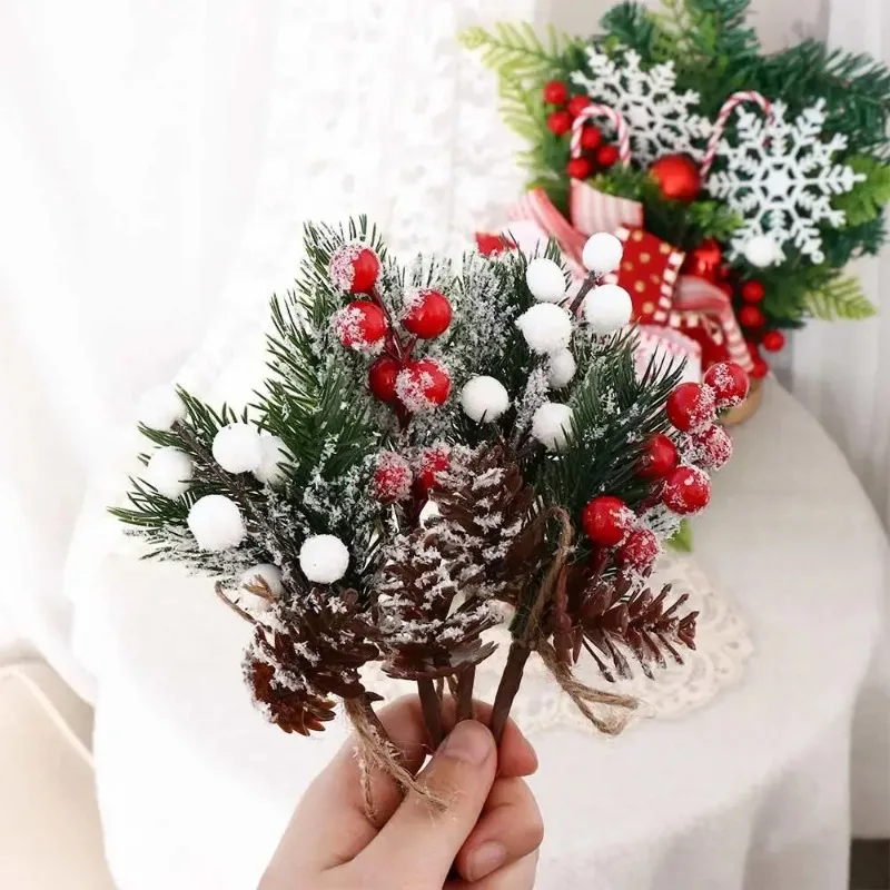 1pcs Artificial Flower Fake Snow Frost Pine Branch Cone Berry Holly Diy Xmas Tree Ornament Home Christmas Decor Supplies Gift