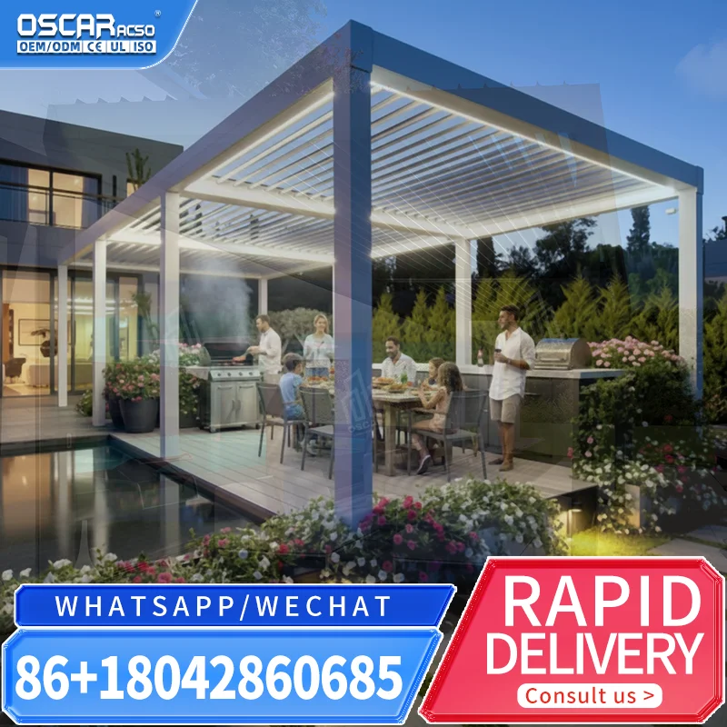 Wall Mounted Bioclimatic Louvered Roof Electric Adjustable Modern Garden Terrace Canopy pergola