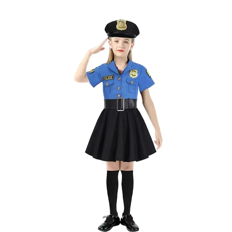 ▶❤Kids Police Uniform Costume Set for Halloween, Unisex Dress with Hat Belt, Kindergarten Stage Performance Outfit❤◀ view 5
