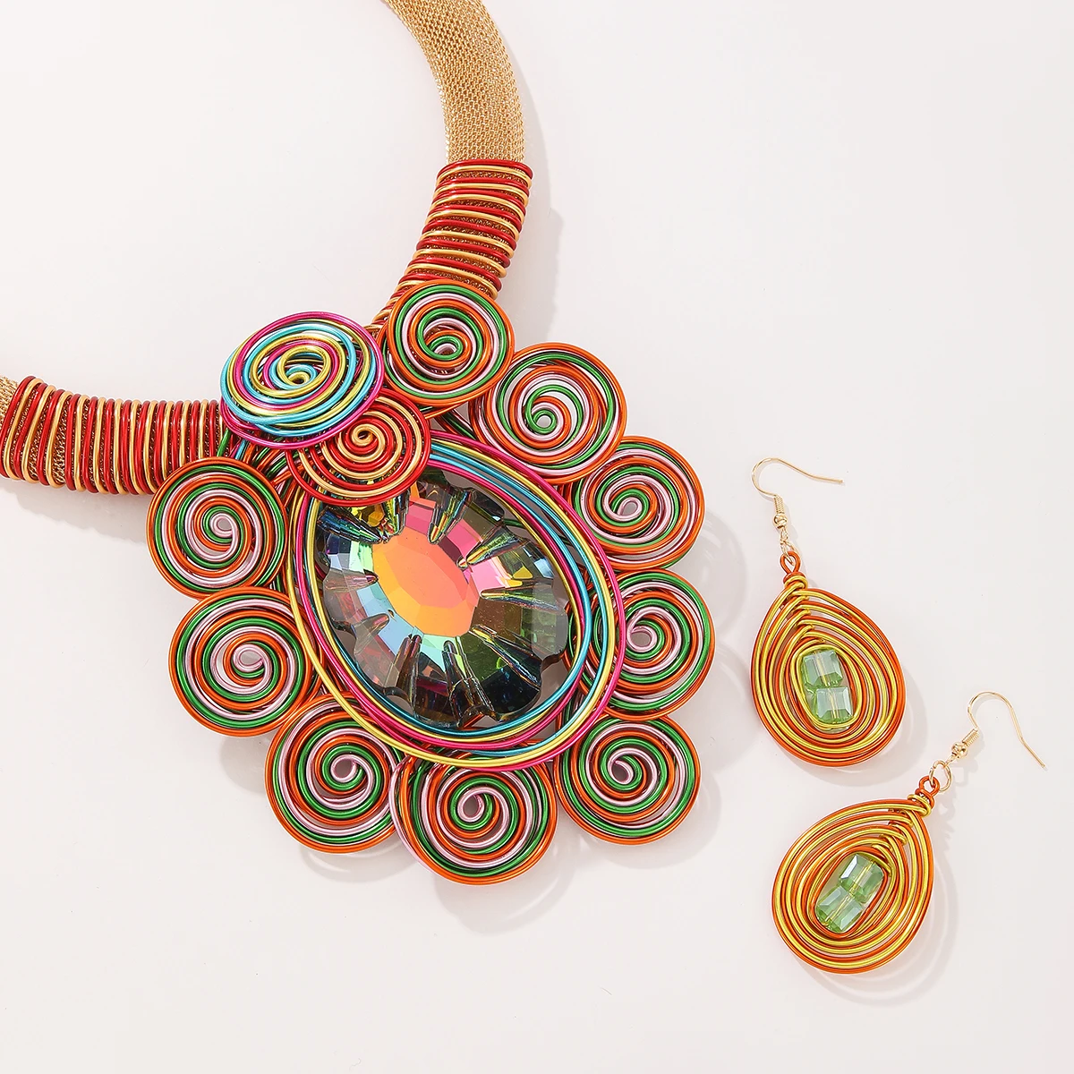 Women's Handmade Woven Crystal Necklace Earrings Set, Party