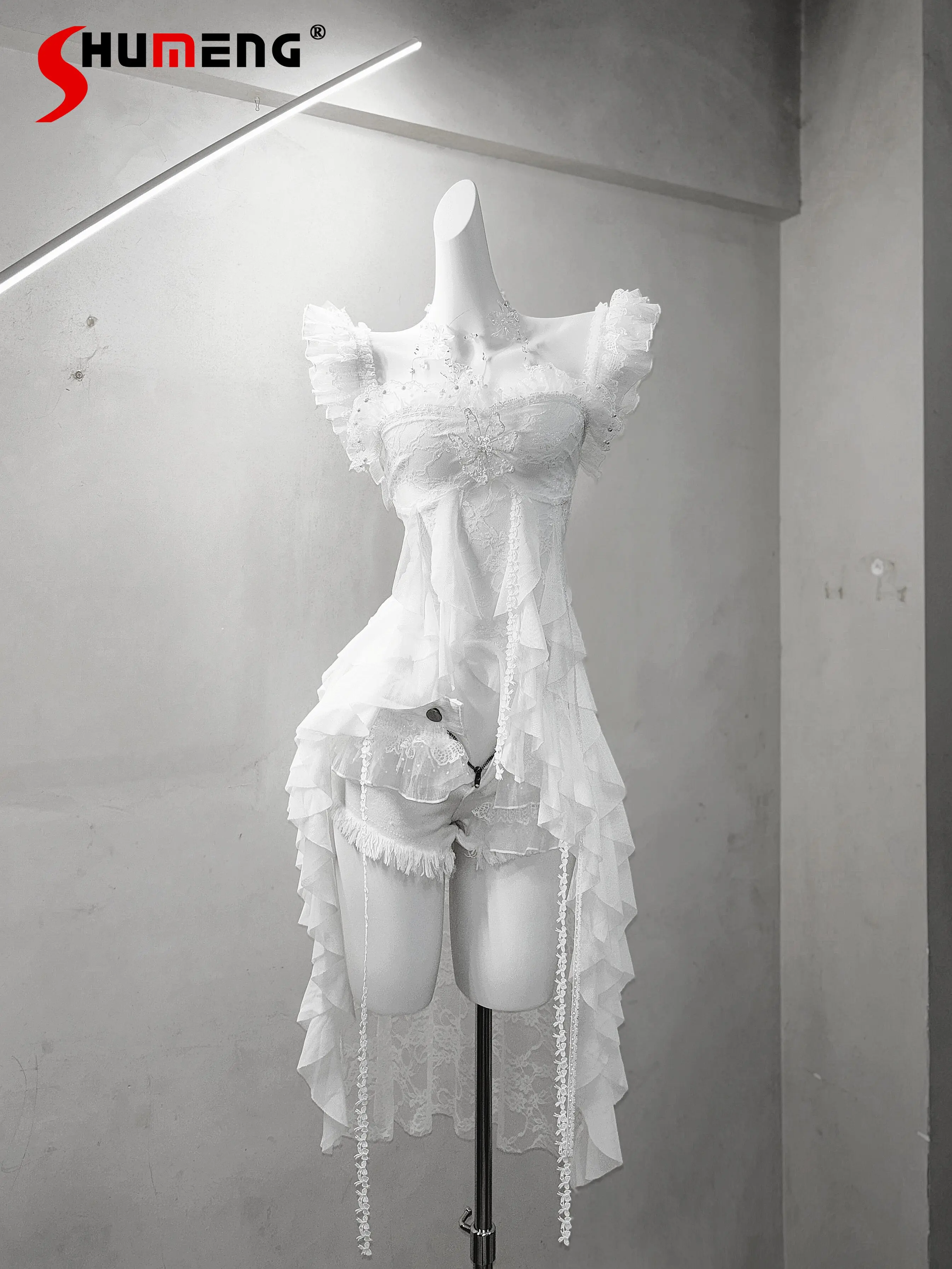 

Original Subculture Gothic Women's Matching Sets 2026 Summer New Lace Splicing Heavy Industry White Top Shorts Necklace Outfit