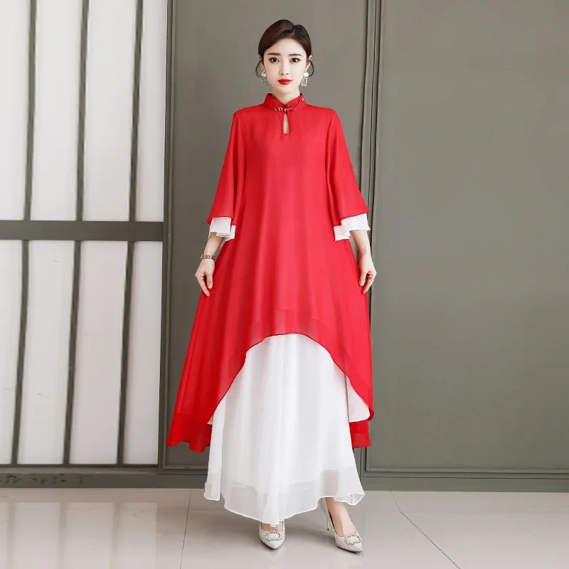 Chinese Style 2 Piece Sets Womens Outfits Red Cheongsam Robe And Wide Leg Pants Female Tang Suit Plus Size Two Piece Sets 11059