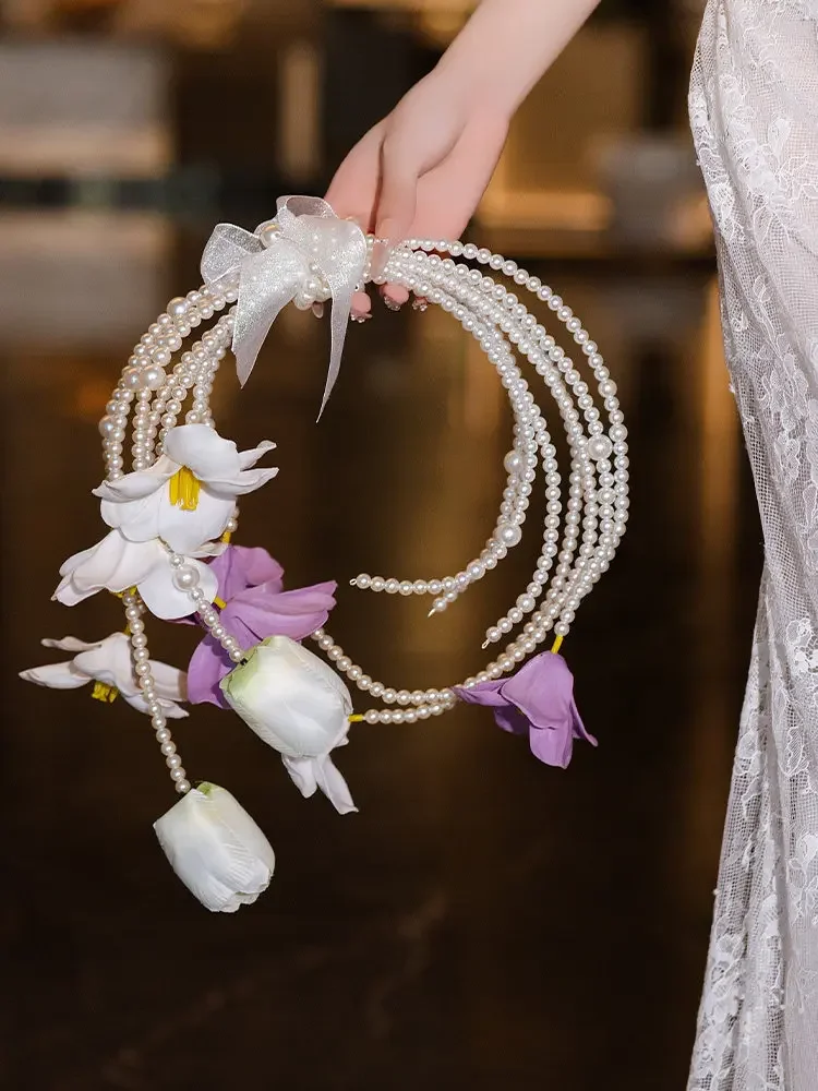 Premium Bride Purple Simulation Flower Pearl Light Luxury Hand Carry Flower Accessories