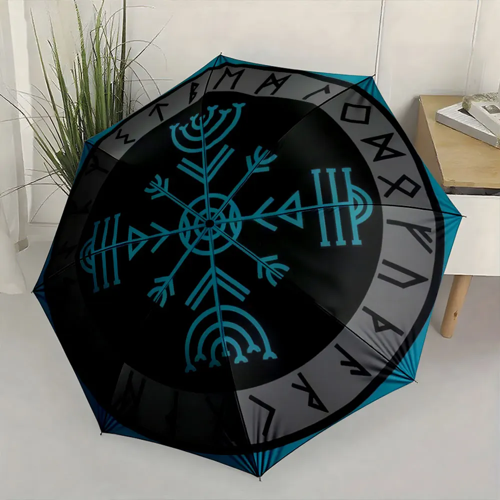 1PC Mysterious Nordic Design Umbrella with Ancient Symbols Print 8 Iron Ribs Folding Umbrella Auto-Open Fashion Sunshade