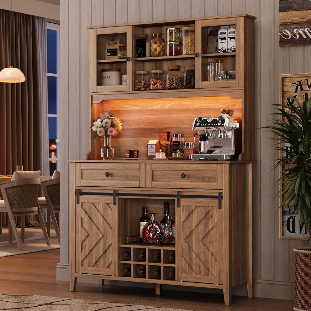 

72 Sliding Barn Door High Bar Cabinet Farmhouse, Large Kitchen Buffet with Hutch Wine Storage, Charging Station, 2 Drawers, 8 S