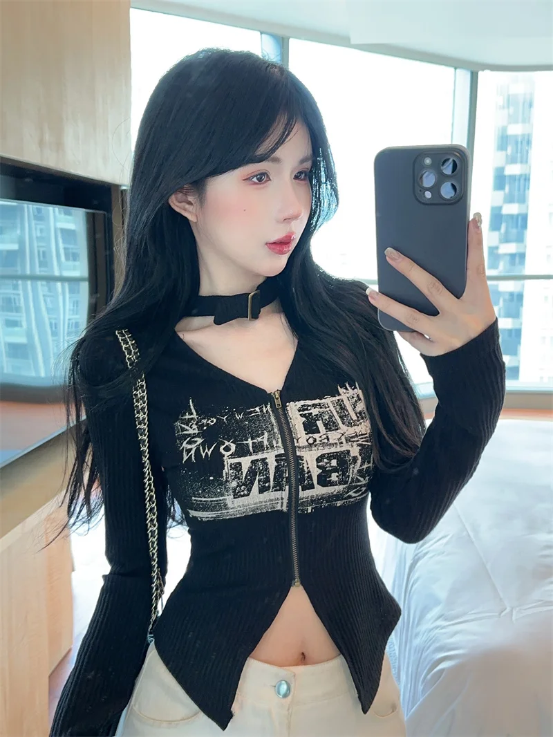 

American Style Hot Girl Retro Letter Print Neck Hanging Top Autumn Winter Irregular Zipper Base Shirt Skintight Breathable
