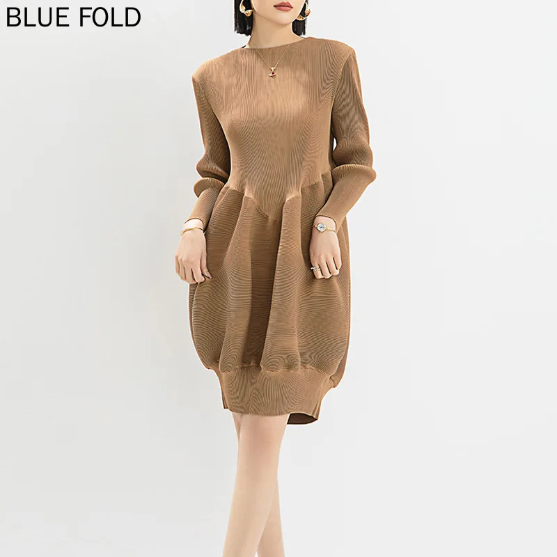 MIYAKE Pleated Dresses Women High-end Spring and Summer New Style Elegant Loose and Slim Long-sleeved Round Neck Lantern Dress